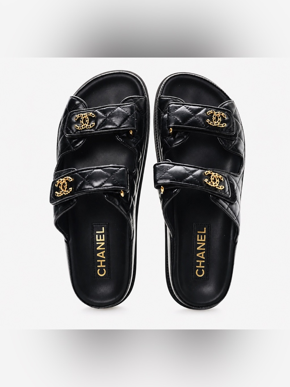 Quilted Velcro Dad Chain CC Slide Sandals Black